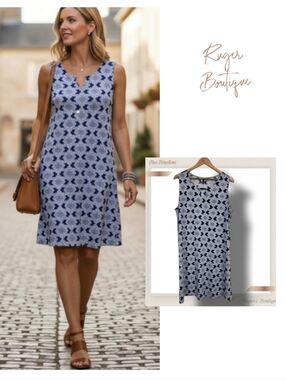 🌿New Directions Womens Large Navy White Pink Floral Sleeveless V-Neck Dress